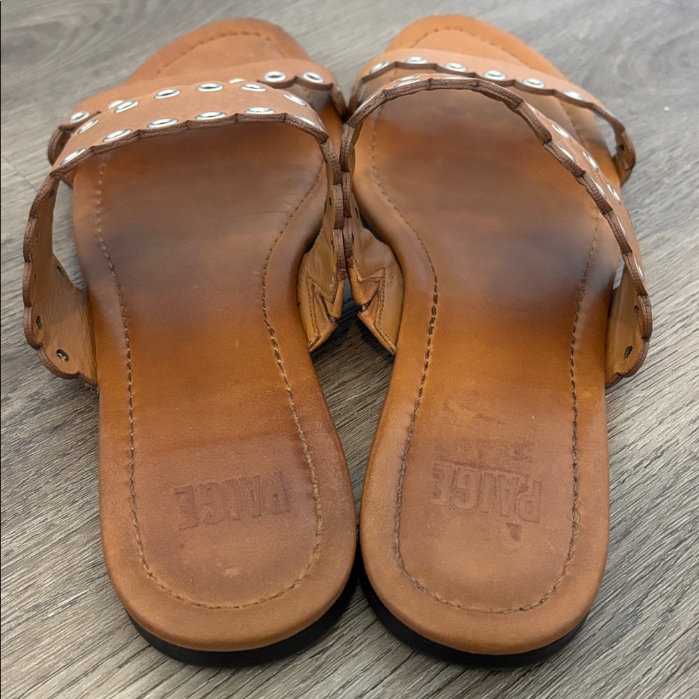 Paige Devyn Scalloped Grommet Slide Sandal Honey Brown Leather, Cottagecore - Picture 4 of 10